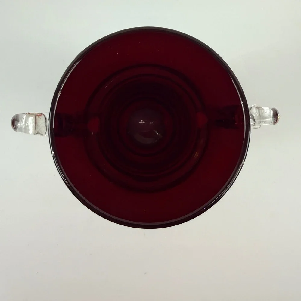 Blenko Ruby Red Glass Vase Non-Catalog Applied Clear Scroll Handles Silver Label